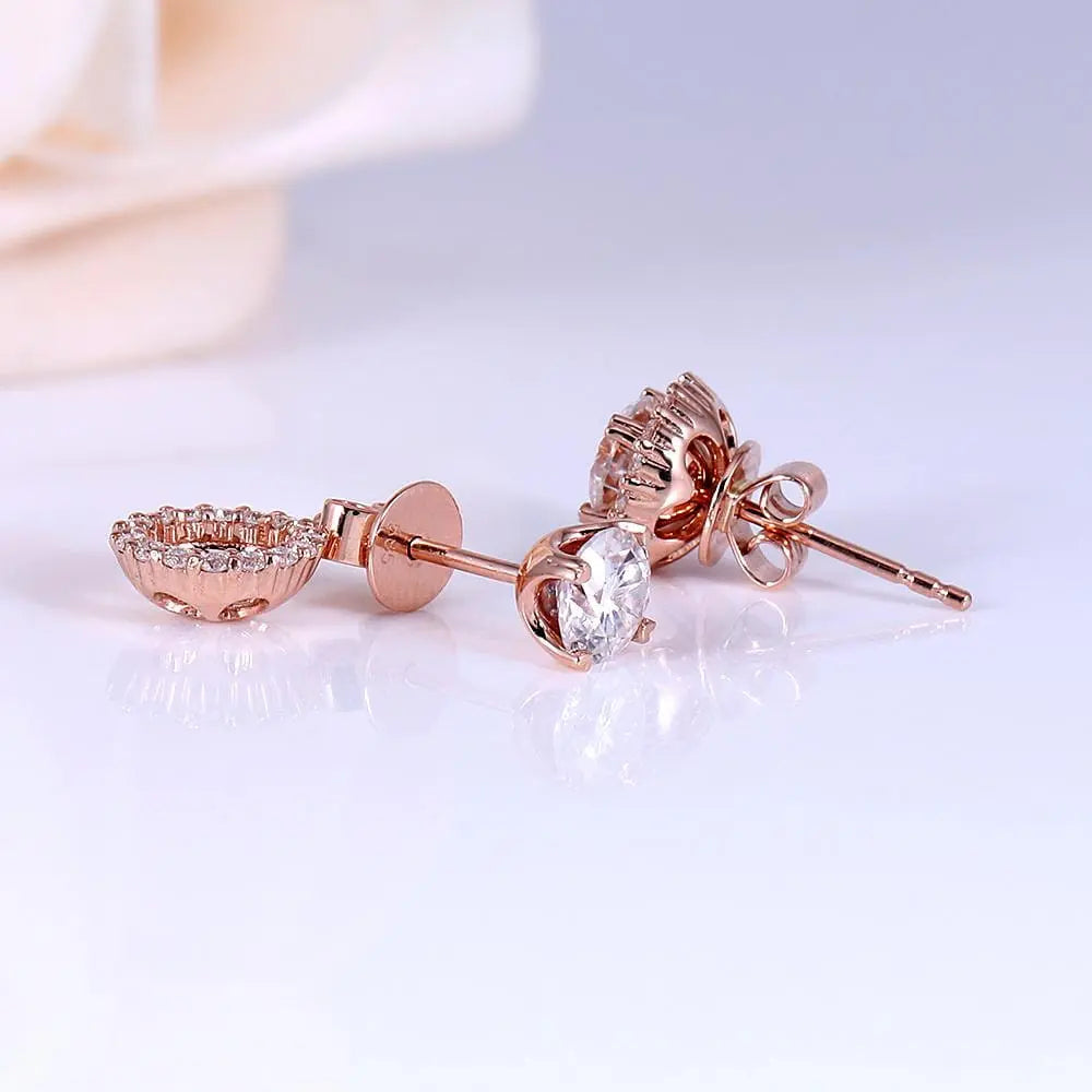 14k Rose Gold Halo Stud Moissanite Earrings 1.28ctw Moissanite Engagement Rings & Jewelry | Luxus Moissanite | Cool Unique Earrings