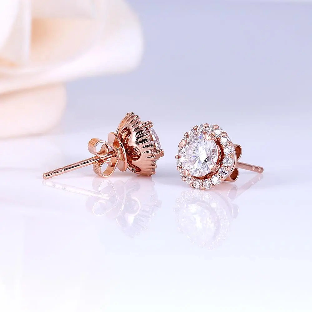 14k Rose Gold Halo Stud Moissanite Earrings 1.28ctw Moissanite Engagement Rings & Jewelry | Luxus Moissanite | Cool Unique Earrings