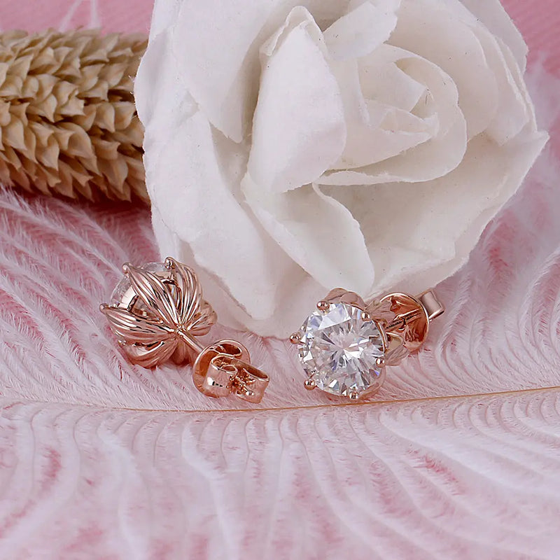 14k Rose Gold or 925 Silver Flower Moissanite Stud Earrings 2ctw Moissanite Engagement Rings & Jewelry | Luxus Moissanite