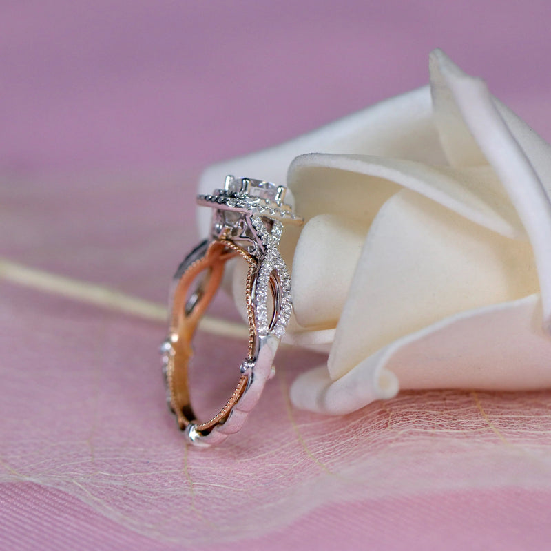 14k Rose & White Gold Double Halo Moissanite Ring 0.85ct Total Moissanite Engagement Rings & Jewelry | Luxus Moissanite