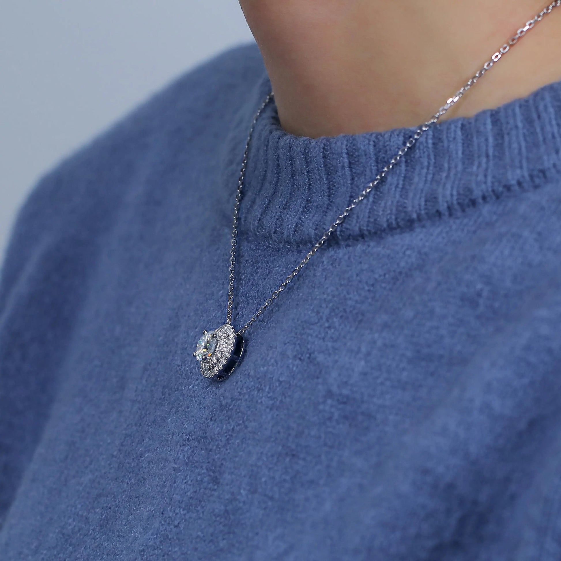 14k White Gold Double Halo Moissanite Necklace / Pendant 1.5ct Center Stone Moissanite Engagement Rings & Jewelry | Luxus Moissanite | Double Halo Necklace