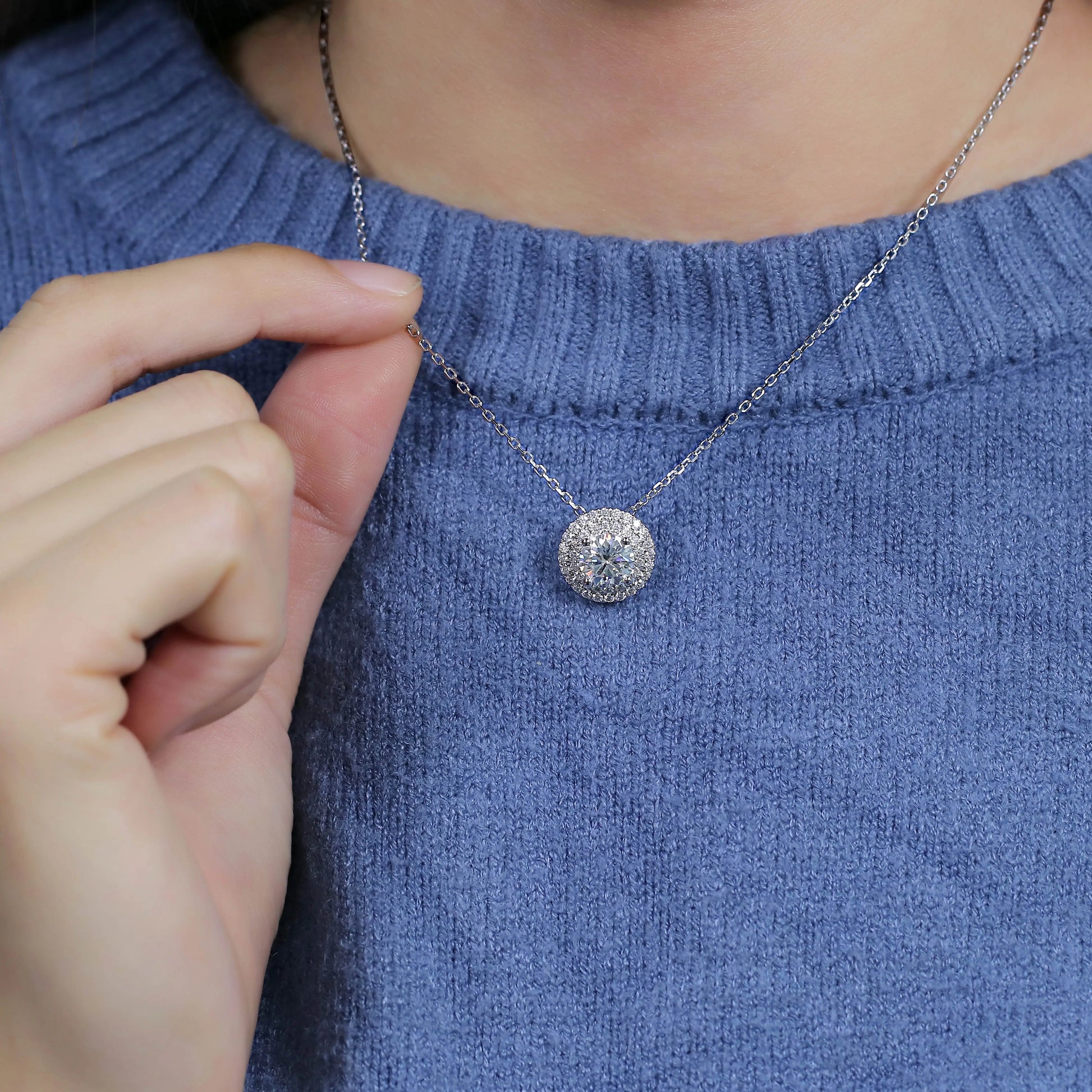 14k White Gold Double Halo Moissanite Necklace / Pendant 1.5ct Center Stone Moissanite Engagement Rings & Jewelry | Luxus Moissanite | Double Halo Necklace