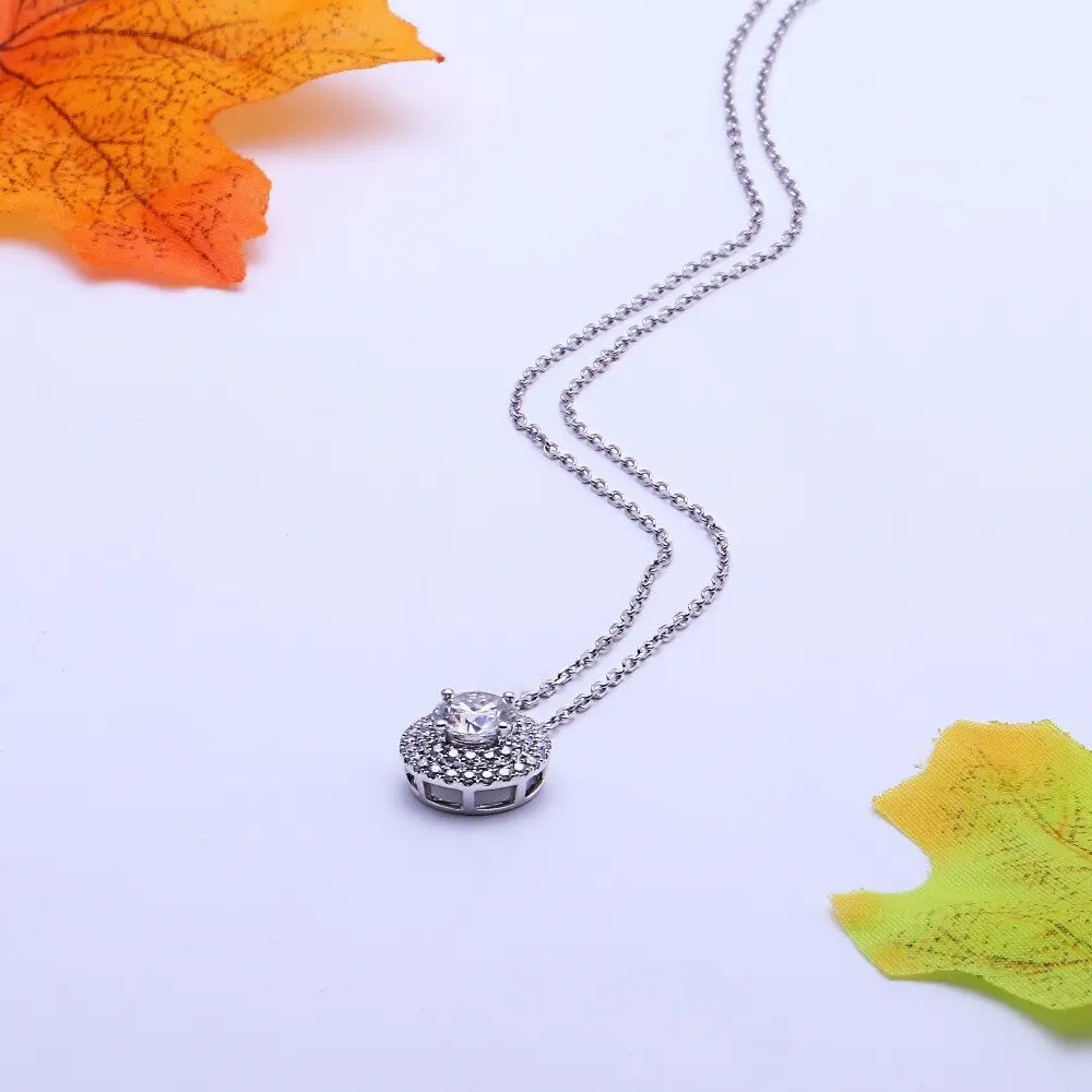 14k White Gold Double Halo Moissanite Necklace / Pendant 1.5ct Center Stone Moissanite Engagement Rings & Jewelry | Luxus Moissanite