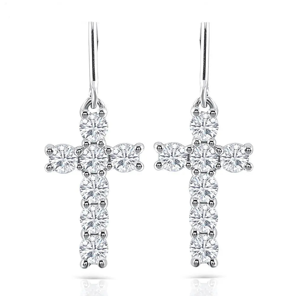 14k White Gold Drop Moissanite Cross Earrings 1.4ctw Moissanite Engagement Rings & Jewelry | Luxus Moissanite