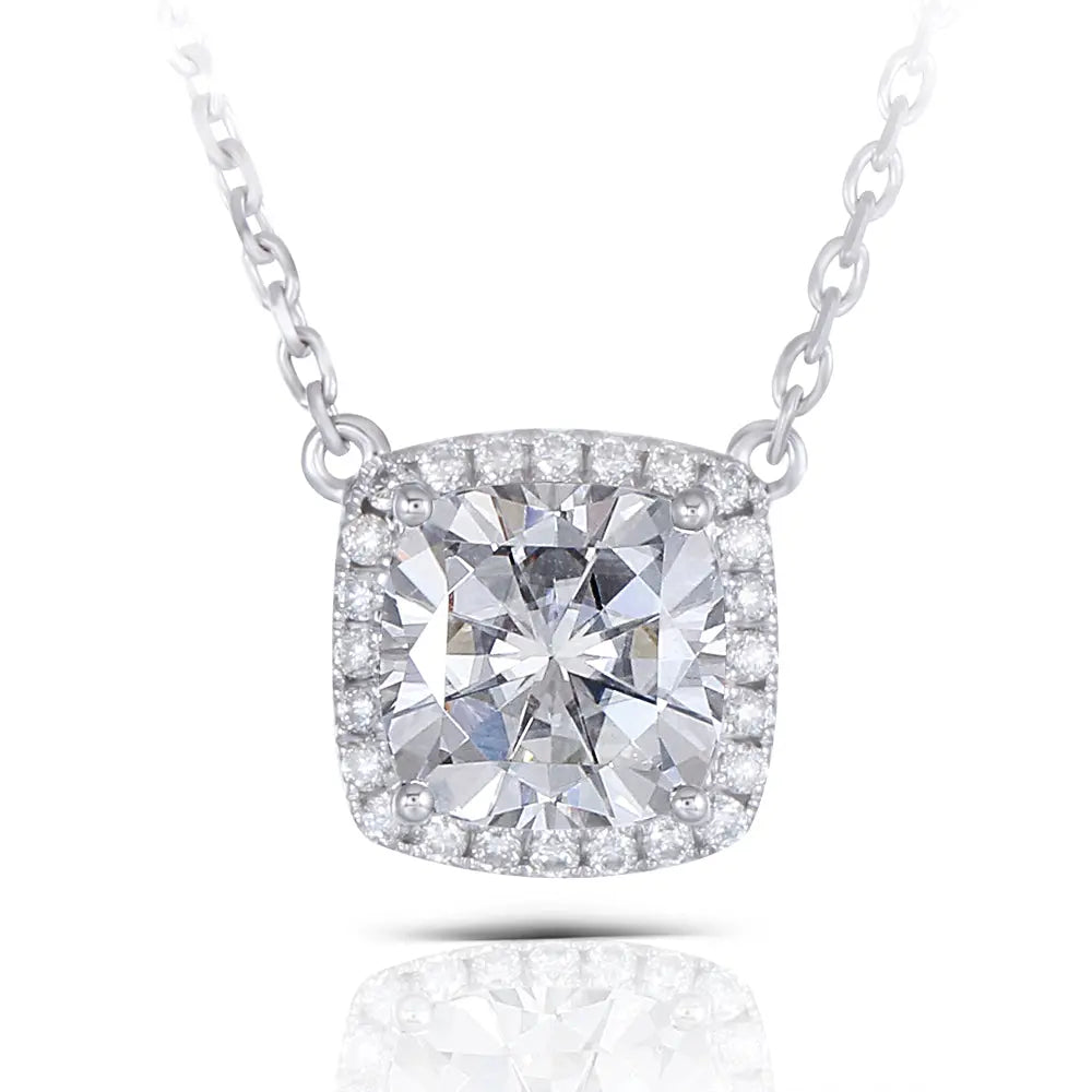 14k White Gold Halo Moissanite Necklace 1.15ct Cushion Cut Center Stone Moissanite Engagement Rings & Jewelry | Luxus Moissanite | White Gold Halo Necklace