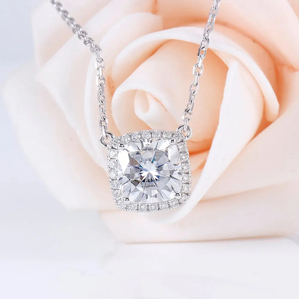 14k White Gold Halo Moissanite Necklace 1.15ct Cushion Cut Center Stone Moissanite Engagement Rings & Jewelry | Luxus Moissanite | White Gold Halo Necklace