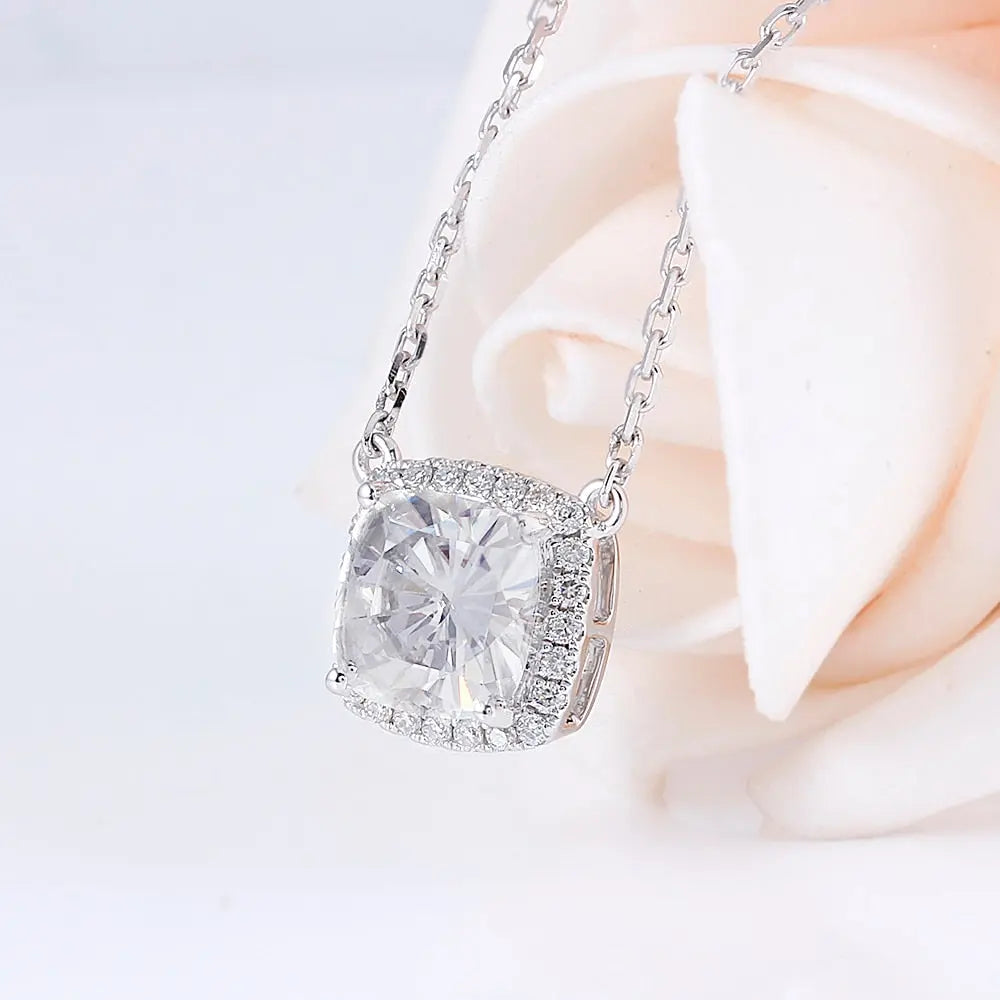 14k White Gold Halo Moissanite Necklace 1.15ct Cushion Cut Center Stone Moissanite Engagement Rings & Jewelry | Luxus Moissanite | White Gold Halo Necklace