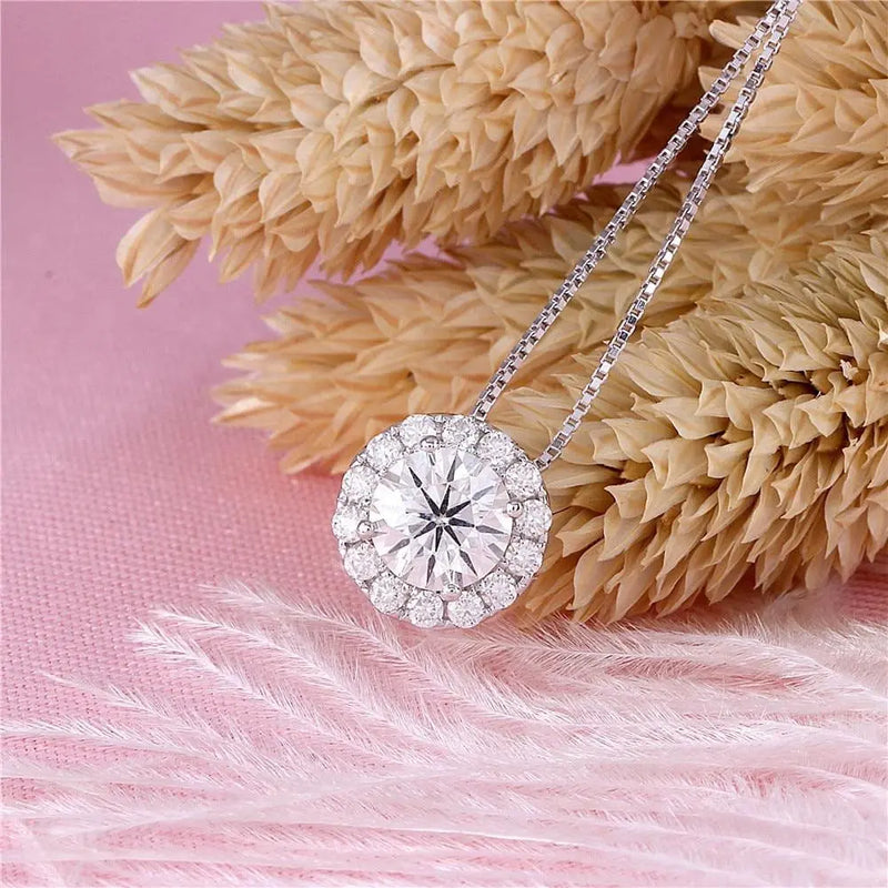 14k White Gold Halo Moissanite Necklace 1.3ct Total Moissanite Engagement Rings & Jewelry | Luxus Moissanite
