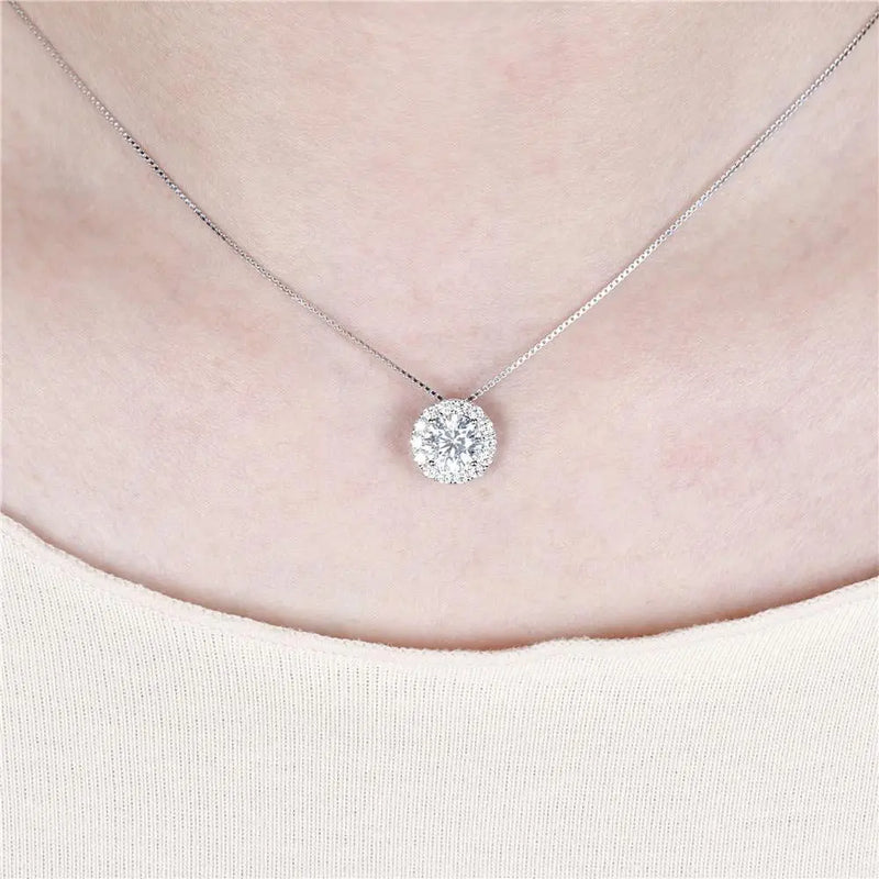 14k White Gold Halo Moissanite Necklace 1.3ct Total Moissanite Engagement Rings & Jewelry | Luxus Moissanite