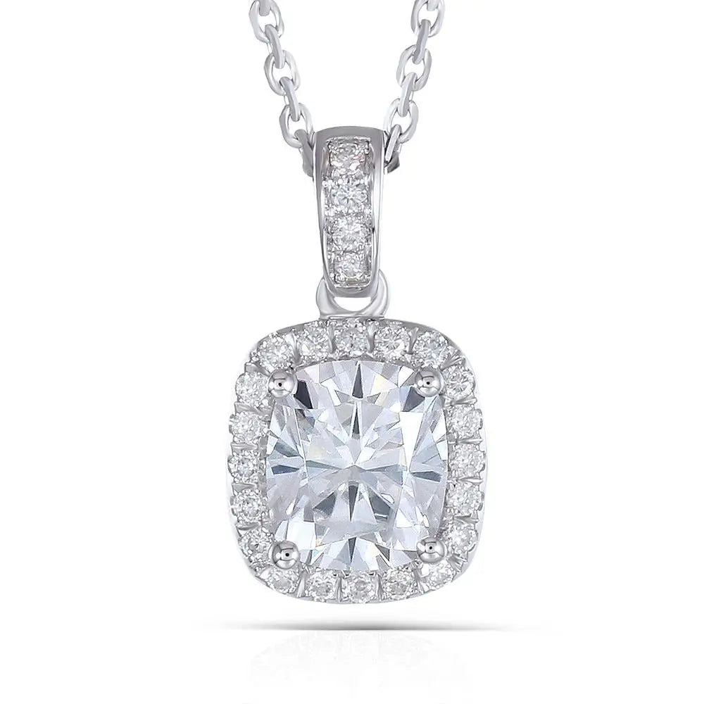 14k White Gold Halo Moissanite Necklace 1.5ct Center Stone Moissanite Engagement Rings & Jewelry | Luxus Moissanite | Amazing Necklace