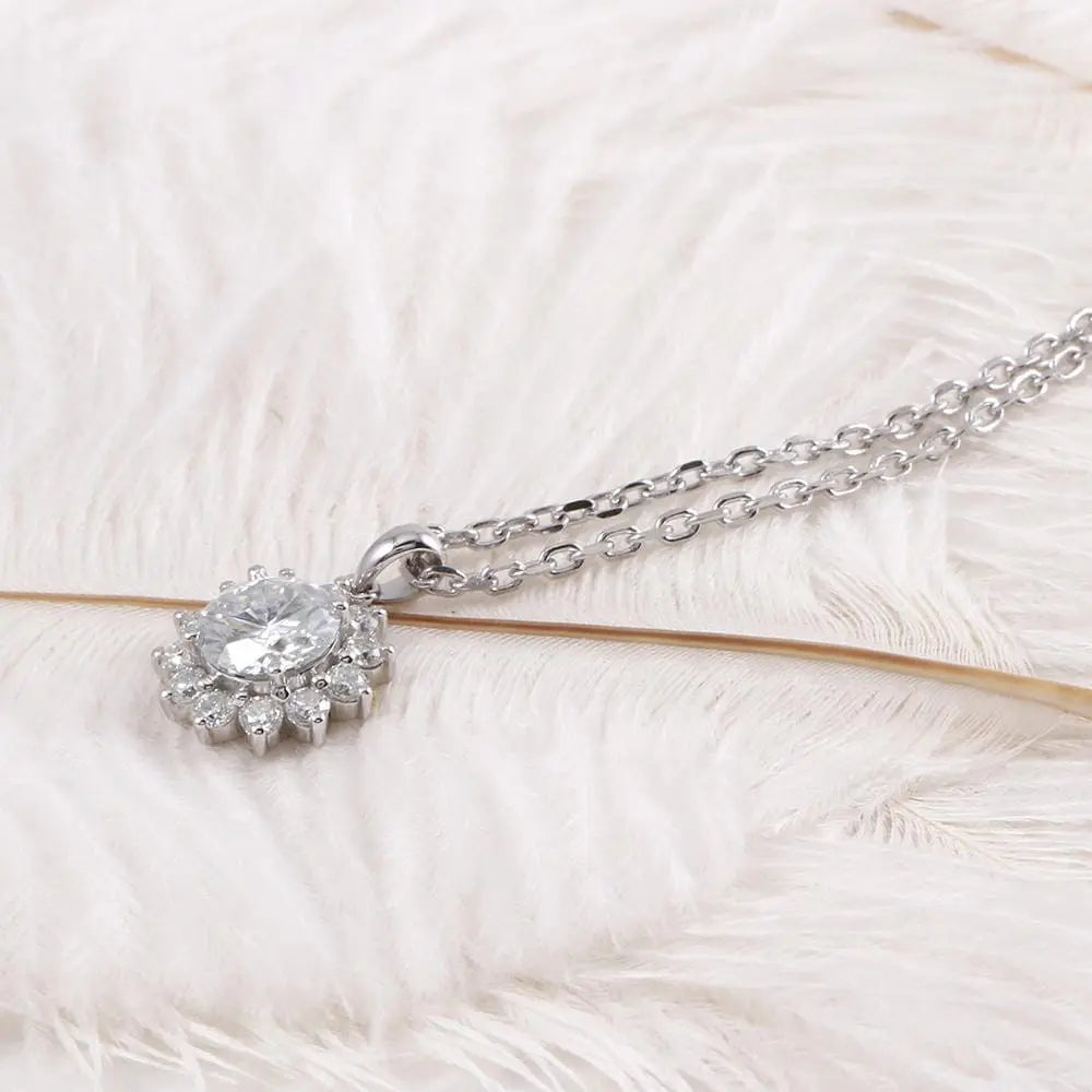 14k White Gold Halo Moissanite Necklace 1ct Center Stone Moissanite Engagement Rings & Jewelry | Luxus Moissanite | Beautiful Stone Necklace
