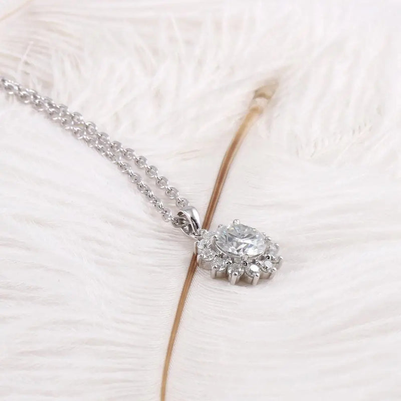 14k White Gold Halo Moissanite Necklace 1ct Center Stone Moissanite Engagement Rings & Jewelry | Luxus Moissanite