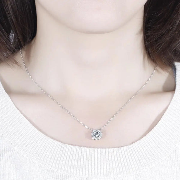 14k White Gold Halo Moissanite Necklace 1ct Center Stone – Luxus Moissanite