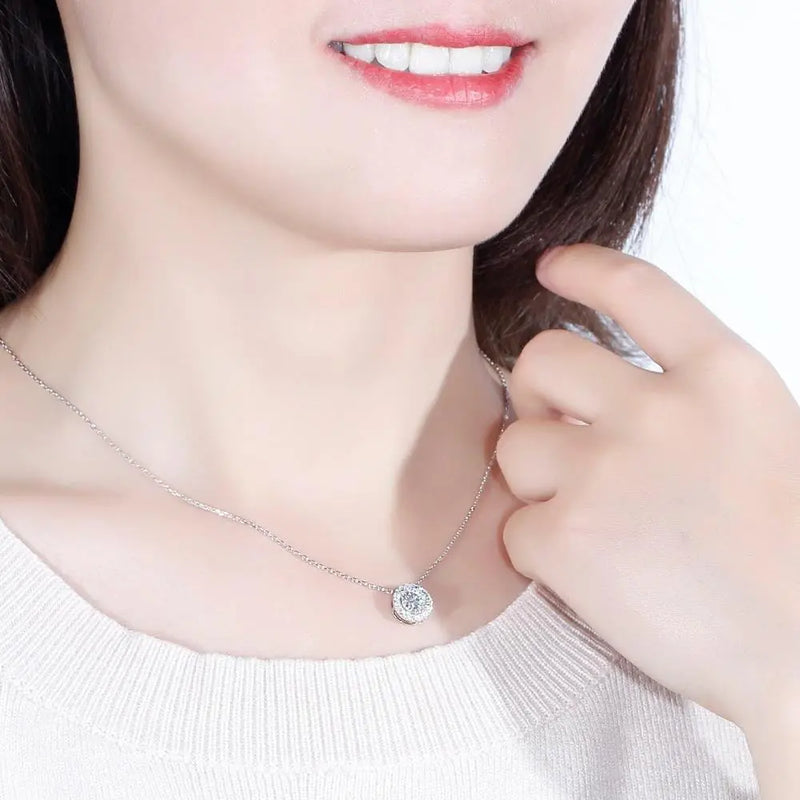 14k White Gold Halo Moissanite Necklace 1ct Center Stone Moissanite Engagement Rings & Jewelry | Luxus Moissanite