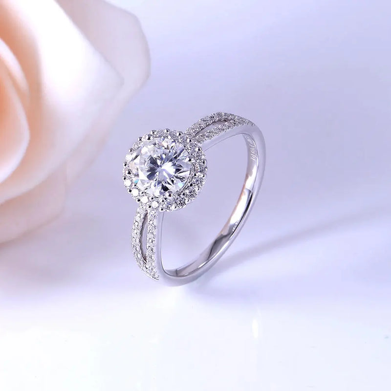 14k White Gold Halo Moissanite Ring 1ct Center Stone Moissanite Engagement Rings & Jewelry | Luxus Moissanite