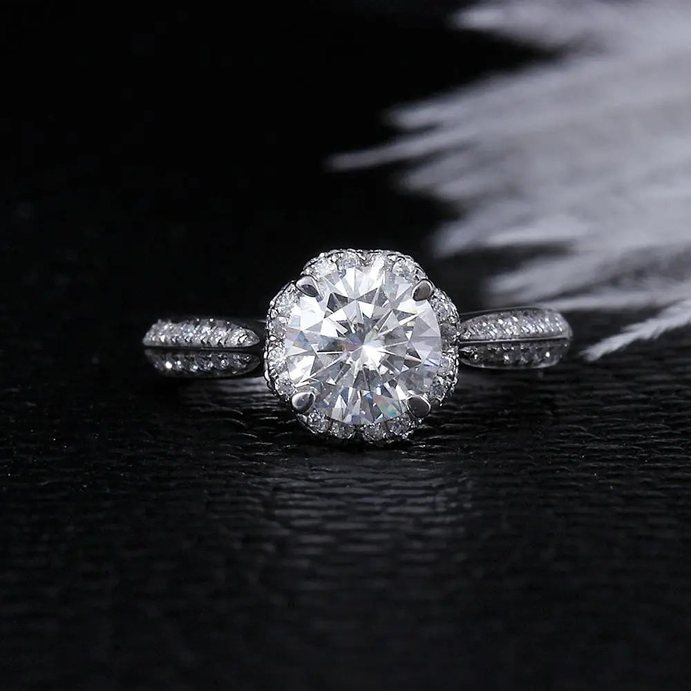 14k White Gold Halo Moissanite Ring 1ct Center Stone Moissanite Engagement Rings & Jewelry | 1ct Halo Engagement Rings | Luxus Moissanite