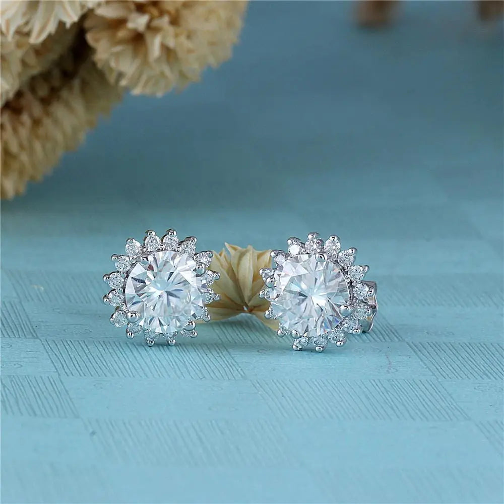 14k White Gold Halo Moissanite Stud Earrings 2.32ctw Moissanite Engagement Rings & Jewelry | Luxus Moissanite | Cute Inexpensive Earrings