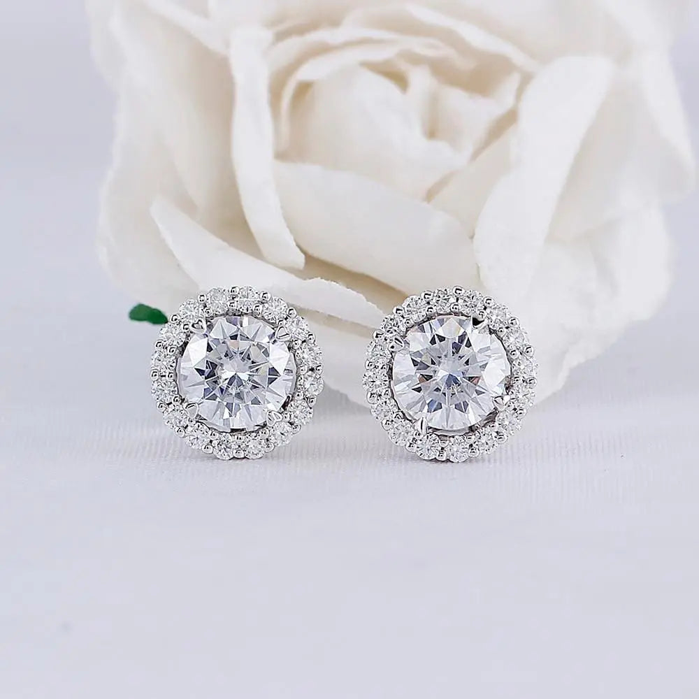 14k White Gold Halo Stud Moissanite Earrings 1.14ctw Moissanite Engagement Rings & Jewelry | Luxus Moissanite