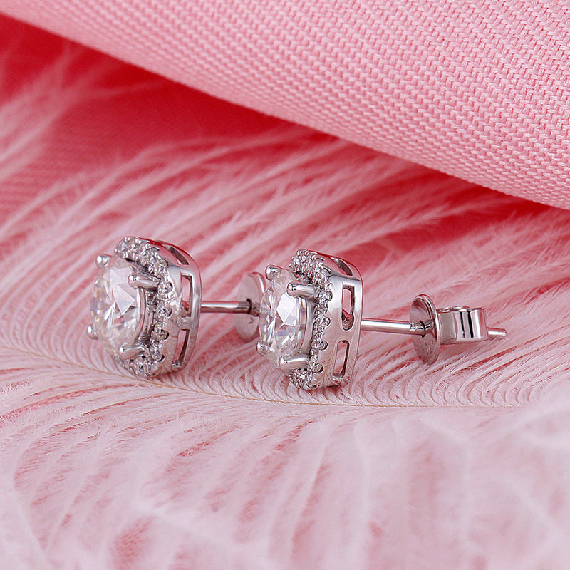 14k White Gold Halo Stud Moissanite Earrings 1.6ctw Moissanite Engagement Rings & Jewelry | Luxus Moissanite