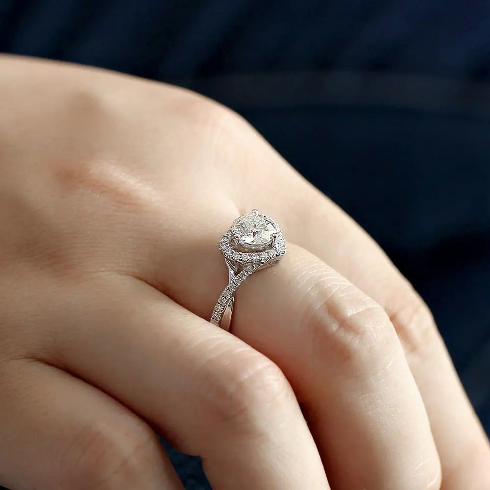 14k White Gold Heart Shaped Halo Moissanite Ring 1ct Center Stone Moissanite Engagement Rings & Jewelry | Luxus Moissanite | Unique Engagement Ring Bands