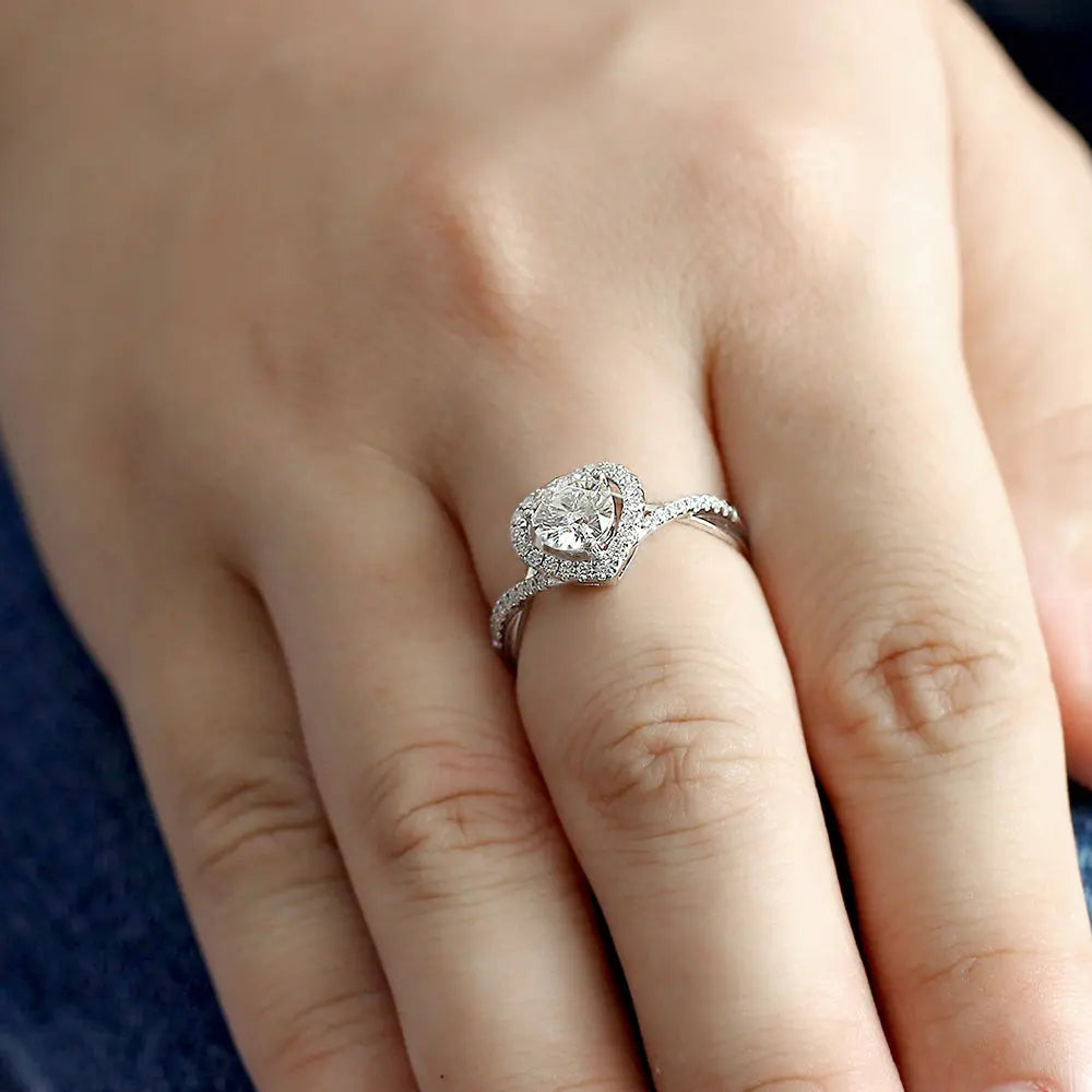14k White Gold Heart Shaped Halo Moissanite Ring 1ct Center Stone Moissanite Engagement Rings & Jewelry | Luxus Moissanite | Unique Engagement Ring Bands