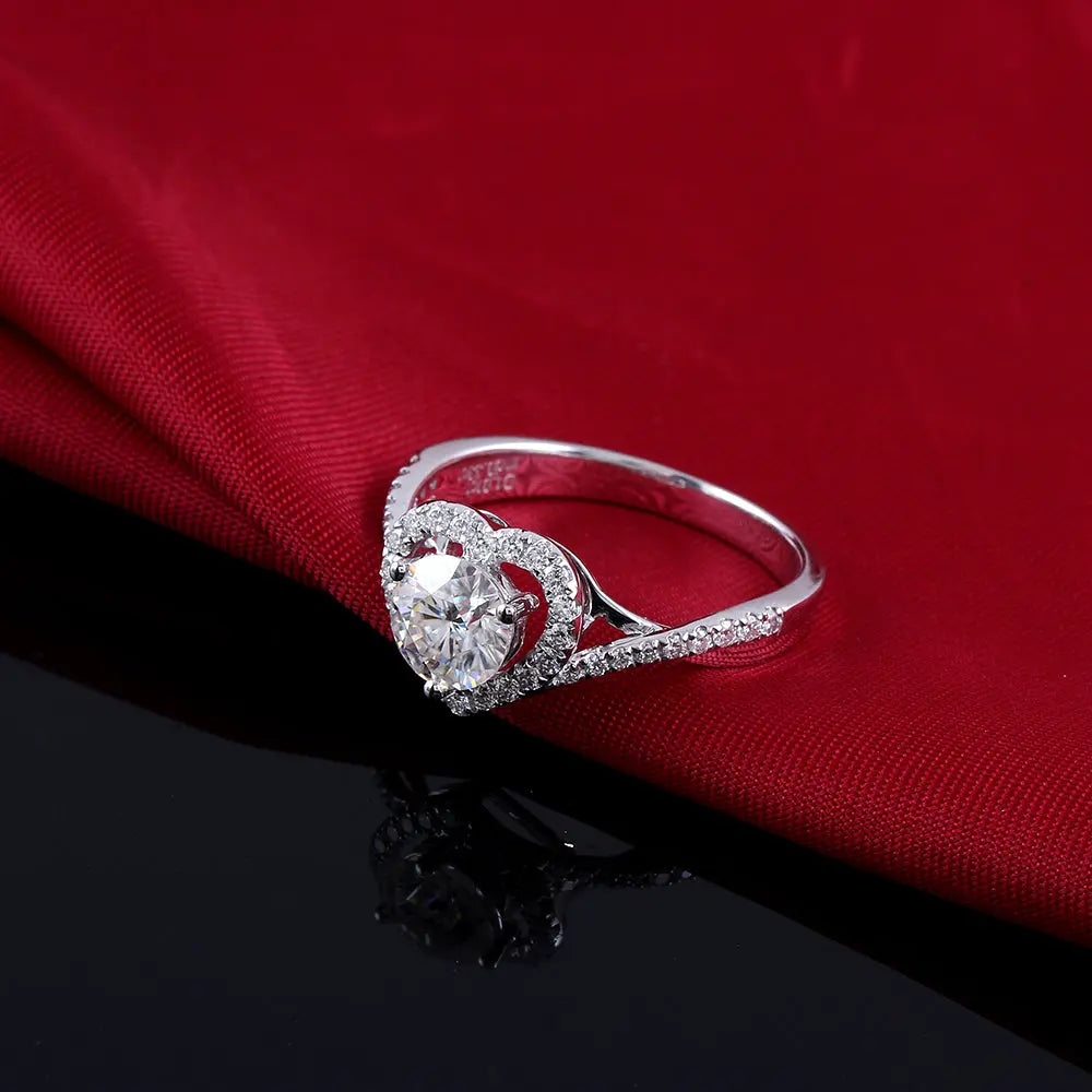 14k White Gold Heart Shaped Halo Moissanite Ring 1ct Center Stone Moissanite Engagement Rings & Jewelry | Luxus Moissanite | Unique Engagement Ring Bands