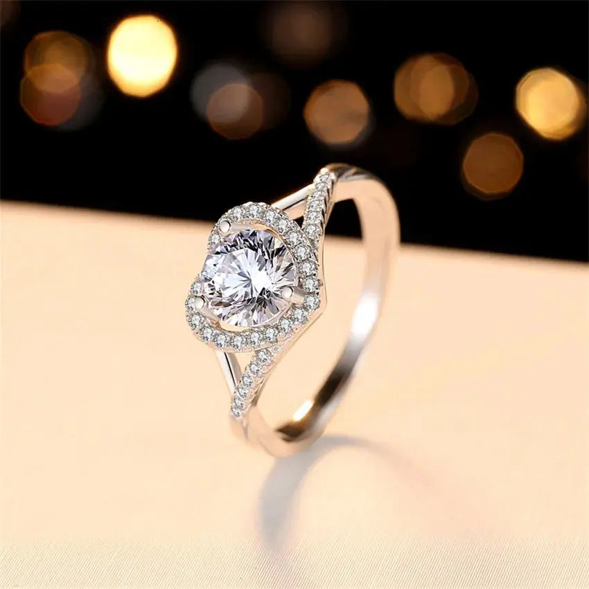 14k White Gold Heart Shaped Halo Moissanite Ring 1ct Center Stone Moissanite Engagement Rings & Jewelry | Luxus Moissanite | Unique Engagement Ring Bands