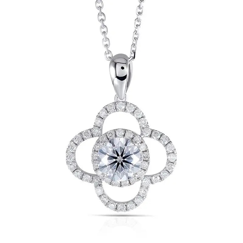 14k White Gold Moissanite Halo Necklace / Pendant 1ct Center Stone Moissanite Engagement Rings & Jewelry | Luxus Moissanite | White Gold Halo Pendant