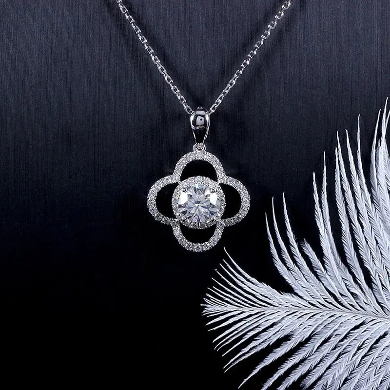 14k White Gold Moissanite Halo Necklace / Pendant 1ct Center Stone Moissanite Engagement Rings & Jewelry | Luxus Moissanite | White Gold Halo Pendant