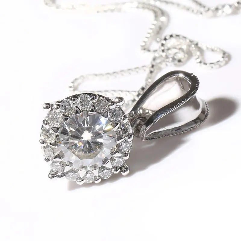 14k White Gold Moissanite Halo Necklace 1ct Center Stone Moissanite Engagement Rings & Jewelry | Luxus Moissanite