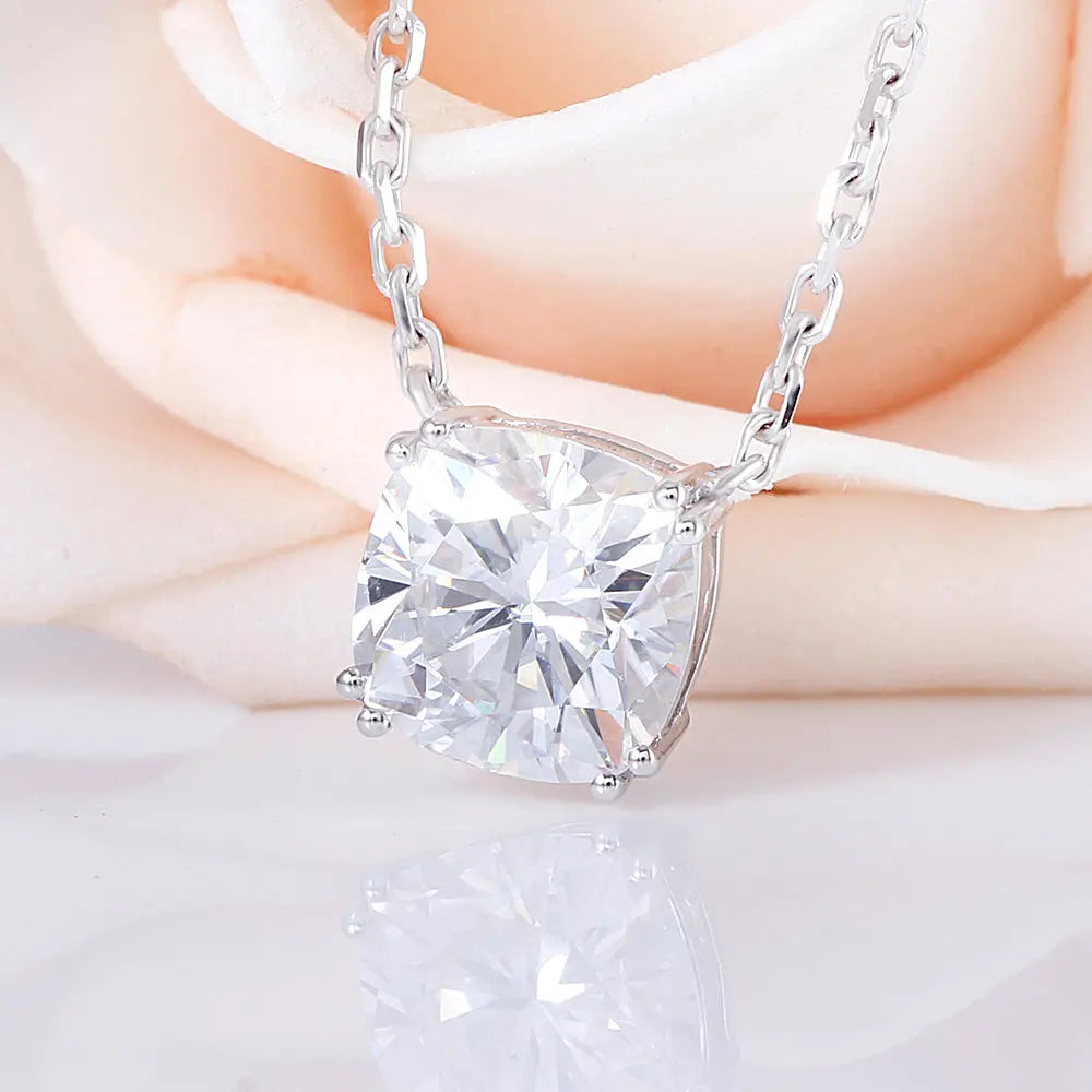 14K White Gold Moissanite Cool Necklace Cushion Cut 1ct 2ct Options 1ct