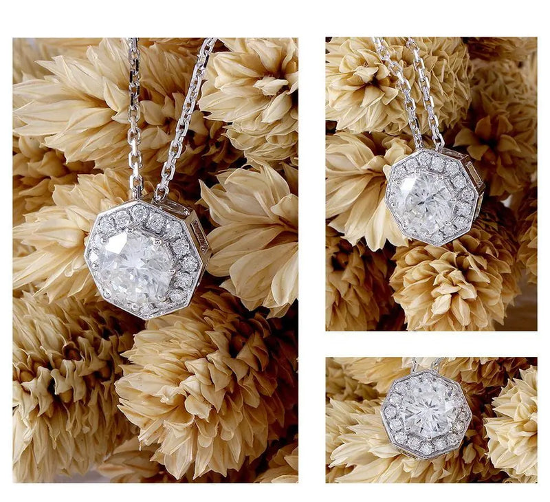 14k White Gold Octagon Cut Moissanite Necklace 1ct Center Stone Moissanite Engagement Rings & Jewelry | Luxus Moissanite