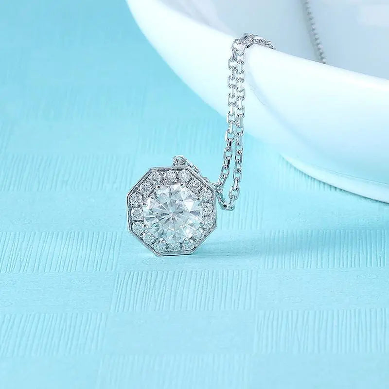 14k White Gold Octagon Cut Moissanite Necklace 1ct Center Stone Moissanite Engagement Rings & Jewelry | Octagon Necklace  | Luxus Moissanite