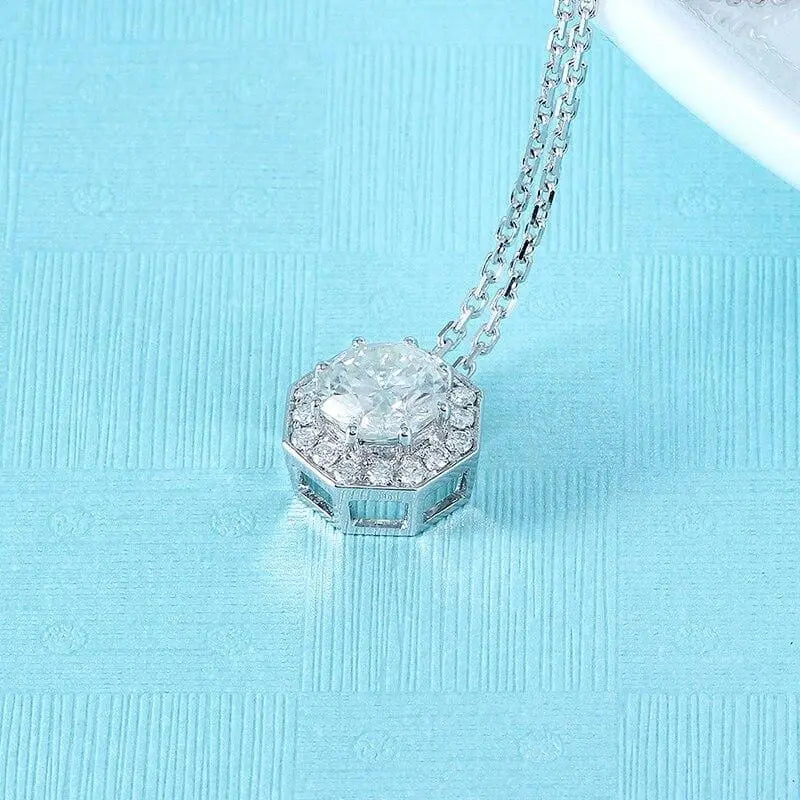 14k White Gold Octagon Cut Moissanite Necklace 1ct Center Stone Moissanite Engagement Rings & Jewelry | Luxus Moissanite
