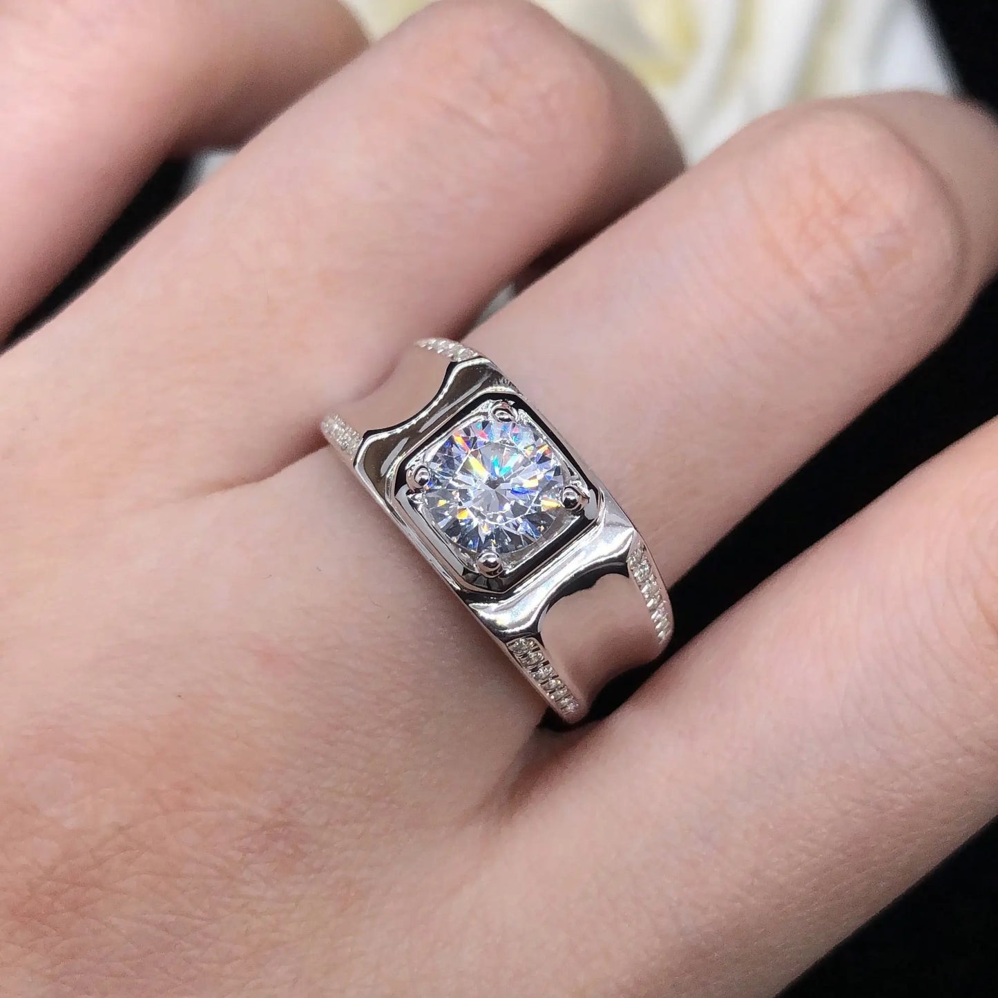 14k White Gold Plated Men's Moissanite Engagement Ring 0.5ct Center Stone Moissanite Engagement Rings & Jewelry | Luxus Moissanite | Gold Plated Engagement Ring
