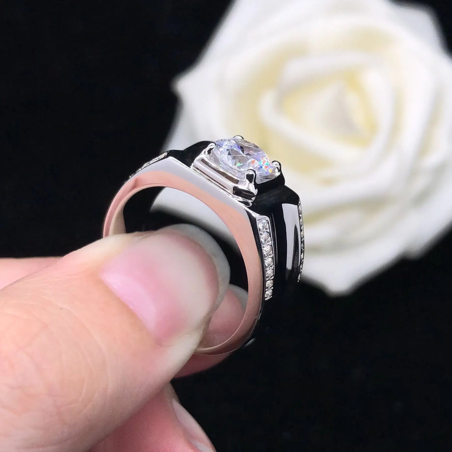14k White Gold Plated Men's Moissanite Engagement Ring 0.5ct Center Stone Moissanite Engagement Rings & Jewelry | Luxus Moissanite Gold Plated Engagement Ring