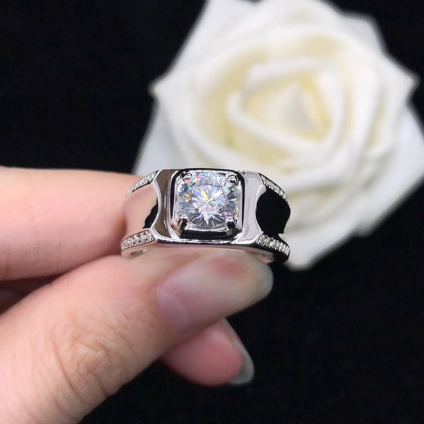 14k White Gold Plated Men's Moissanite Engagement Ring 0.5ct Center Stone Moissanite Engagement Rings & Jewelry | Luxus Moissanite | Gold Plated Engagement Ring