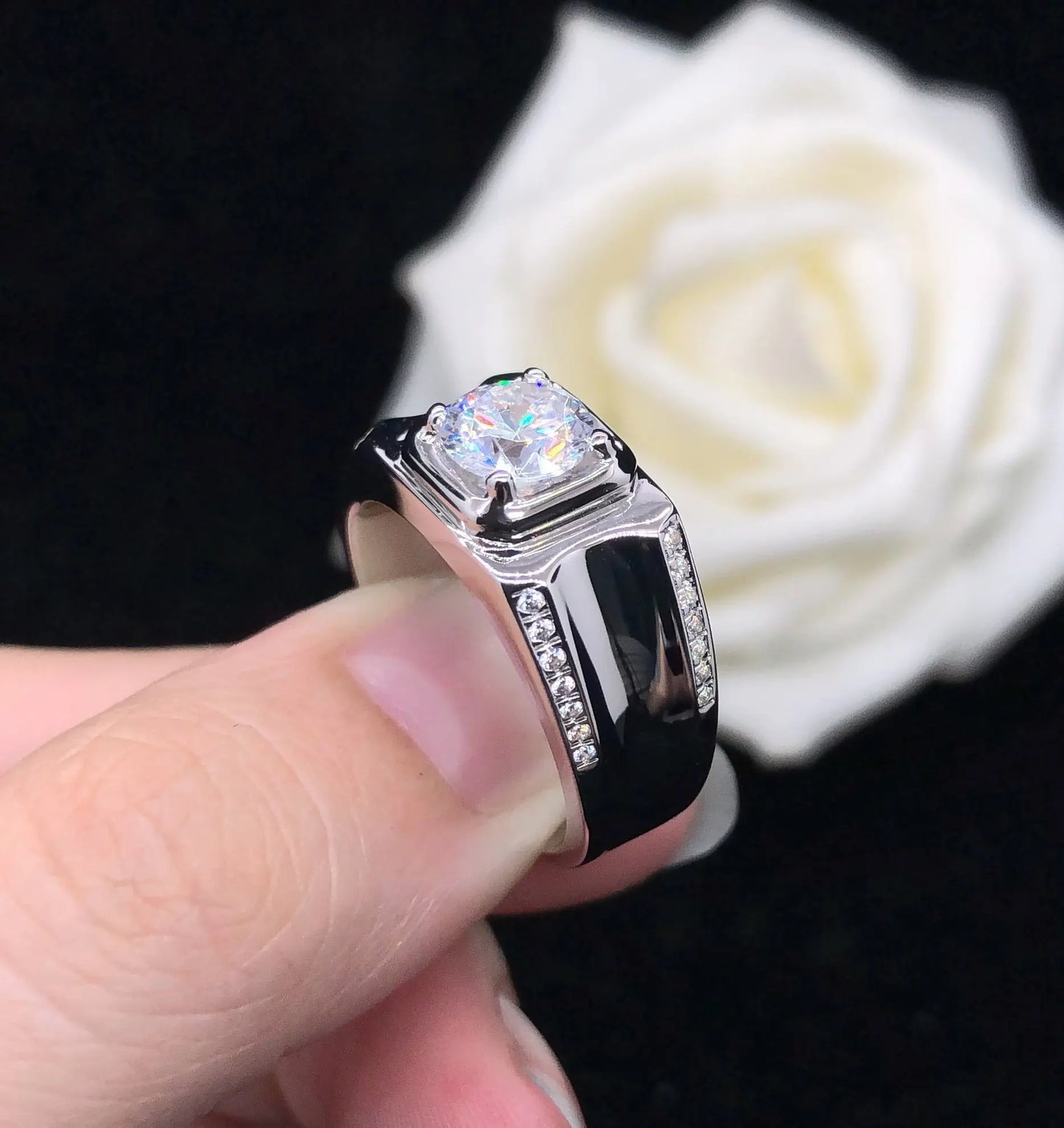 14k White Gold Plated Men's Moissanite Engagement Ring 0.5ct Center Stone Moissanite Engagement Rings & Jewelry | Luxus Moissanite | Gold Plated Engagement Ring
