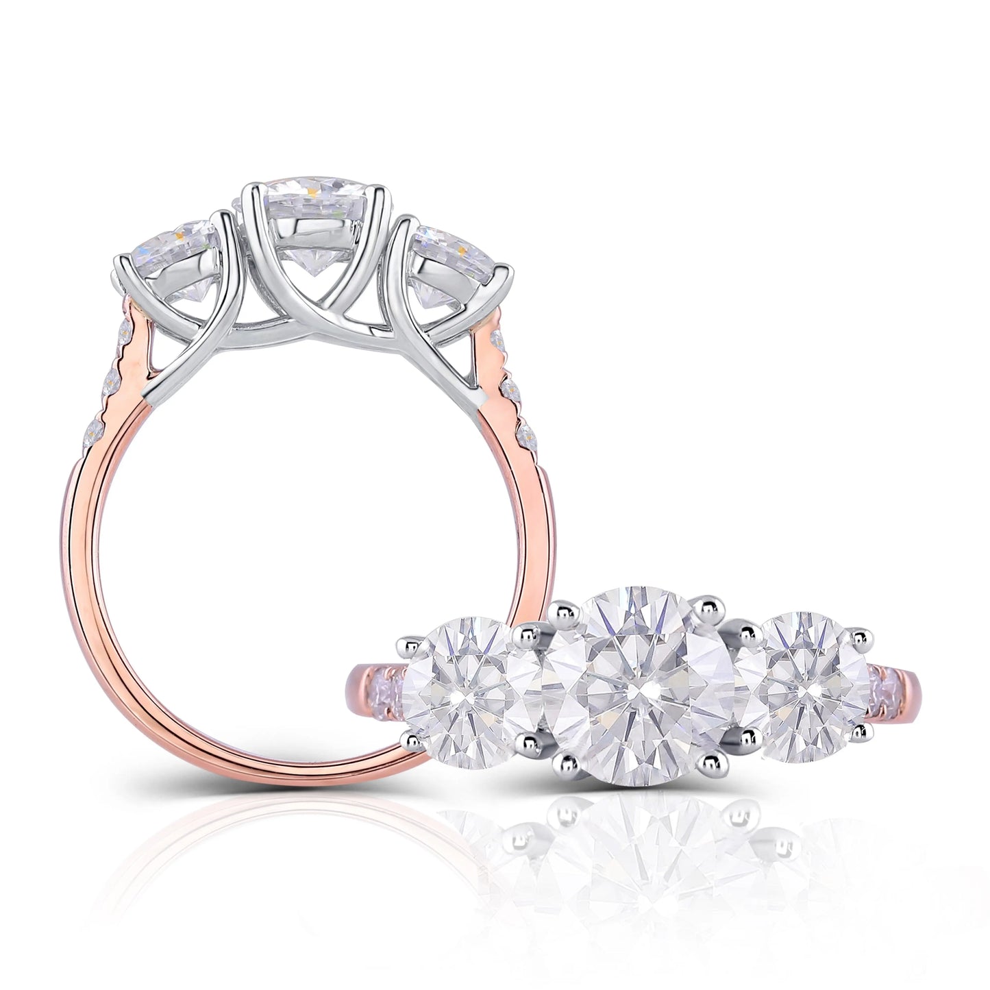 14k White & Rose Gold 3 Stone Moissanite Ring 2ct Total Moissanite Engagement Rings & Jewelry | Luxus Moissanite | Chic Engagement Rings