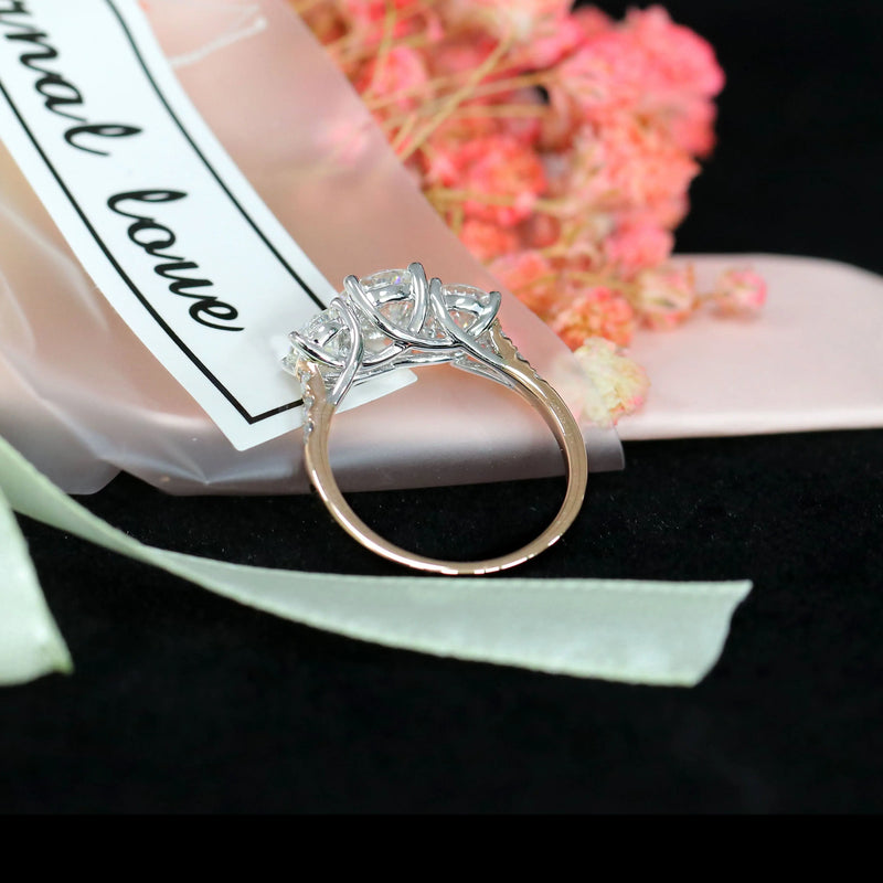 14k White & Rose Gold 3 Stone Moissanite Ring 2ct Total Moissanite Engagement Rings & Jewelry | Luxus Moissanite