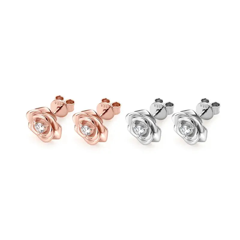 14k White or Rose Gold Plated Silver Moissanite 0.2 ctw Flower Earrings Moissanite Engagement Rings & Jewelry | Luxus Moissanite | flower shaped earrings