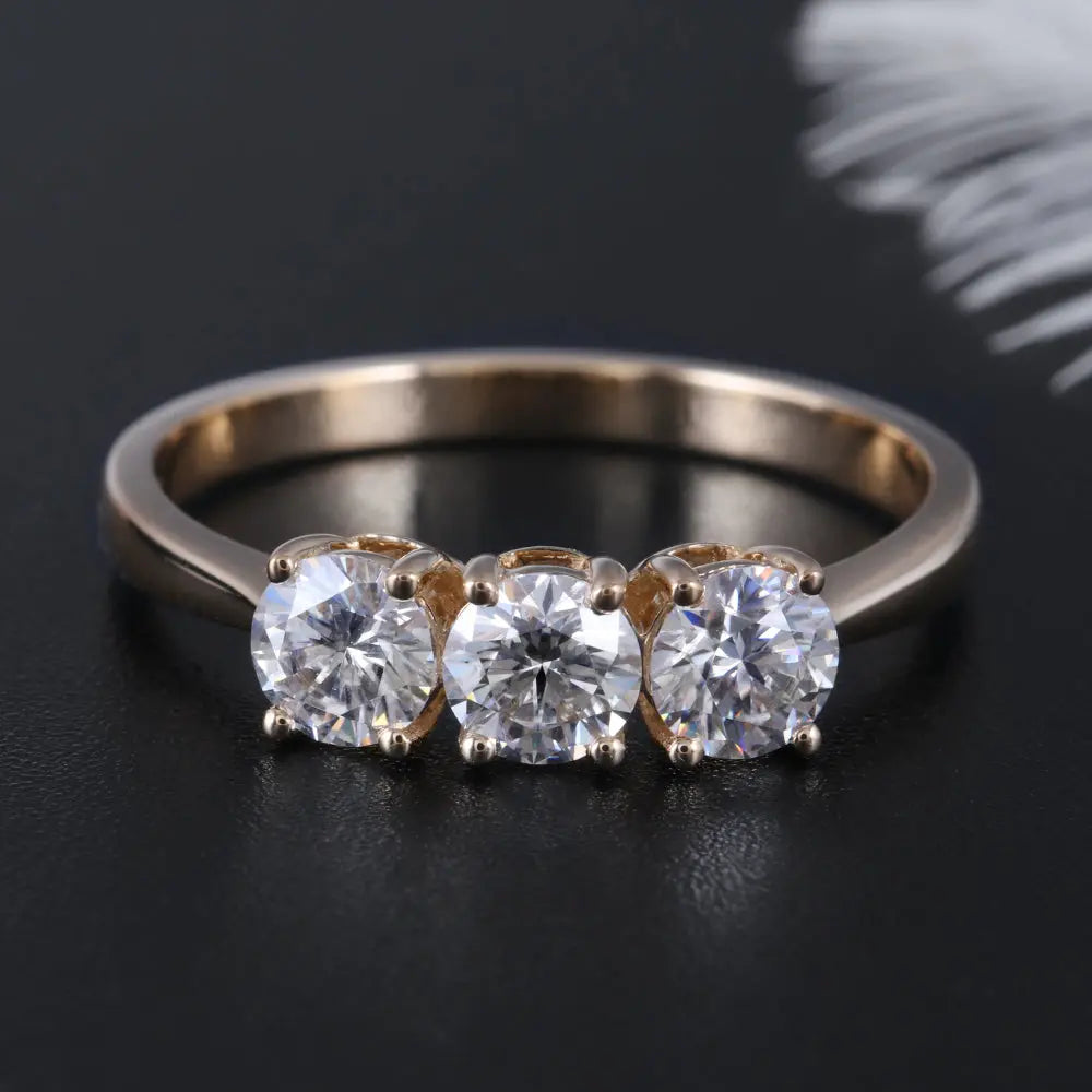 14k Yellow Gold 3 Stone Moissanite Ring 1ct Total Moissanite Engagement Rings & Jewelry | Luxus Moissanite | 3 Stone Yellow Gold Ring