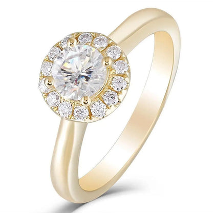 14k Yellow Gold Halo Moissanite Ring 0.5ct Center Stone Moissanite Engagement Rings & Jewelry | Luxus Moissanite | Best Unique Engagement Ring Stores