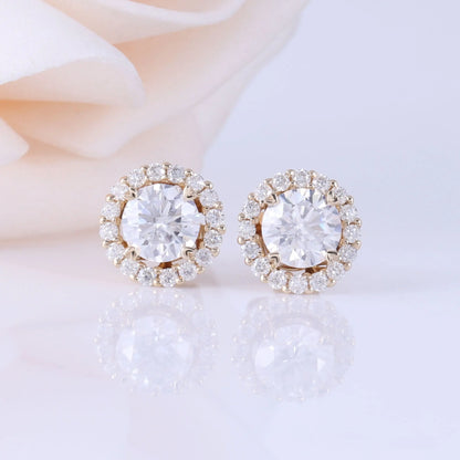 14k Yellow Gold Halo Moissanite Stud Earrings 1.28ctw Moissanite Engagement Rings & Jewelry | Luxus Moissanite | Nice Earrings for Girlfriend