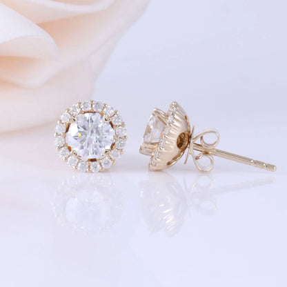 14k Yellow Gold Halo Moissanite Stud Earrings 1.28ctw Moissanite Engagement Rings & Jewelry | Luxus Moissanite | Nice Earrings for Girlfriend