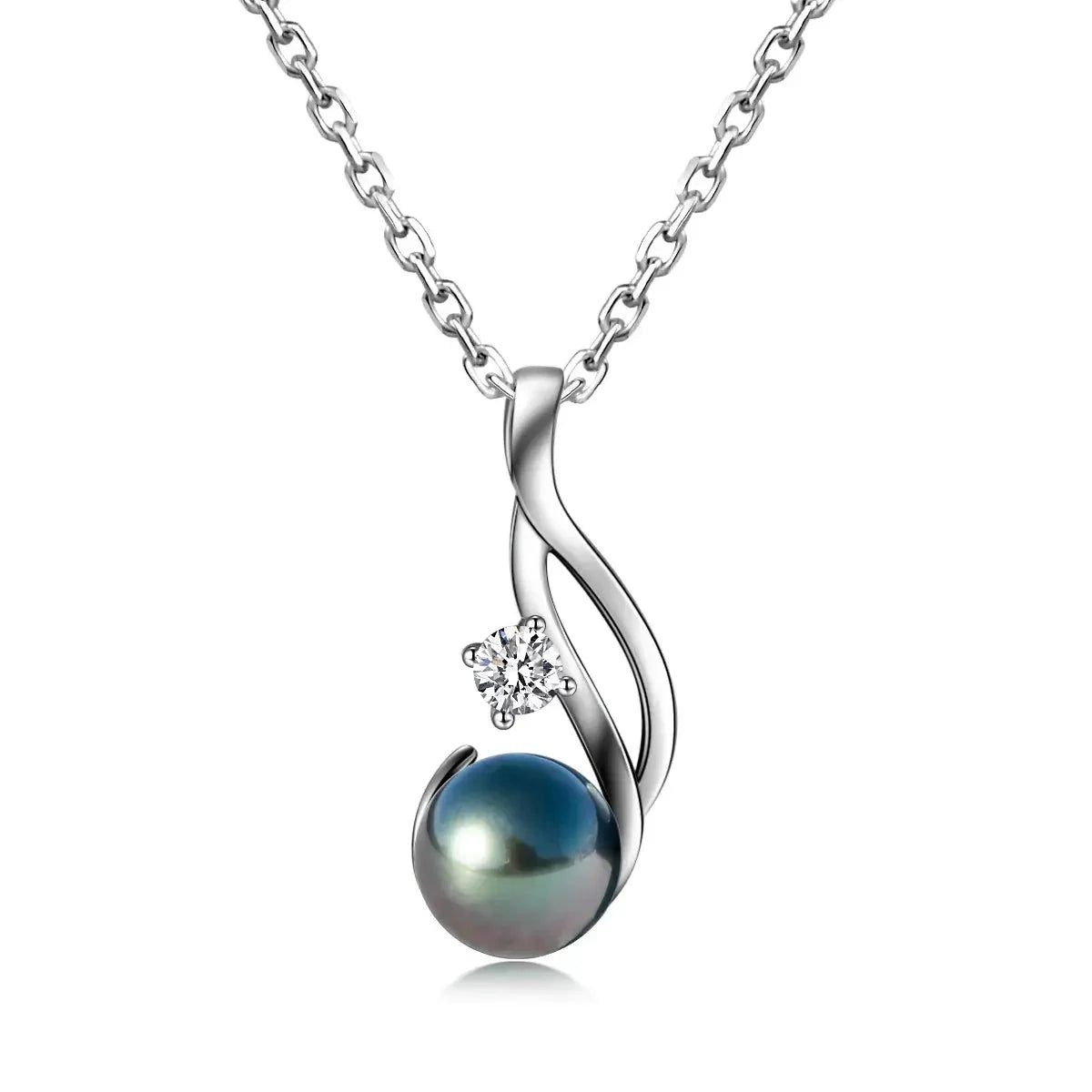 18K WHITE GOLD PLATED SILVER 9-10MM TAHITIAN BLACK PEARL AND 0.3CT MOISSANITE PENDANT NECKLACE Moissanite Engagement Rings & Jewelry | Luxus Moissanite