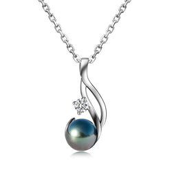 18K WHITE GOLD PLATED SILVER 9-10MM TAHITIAN BLACK PEARL AND 0.3CT MOISSANITE PENDANT NECKLACE Moissanite Engagement Rings & Jewelry | Luxus Moissanite