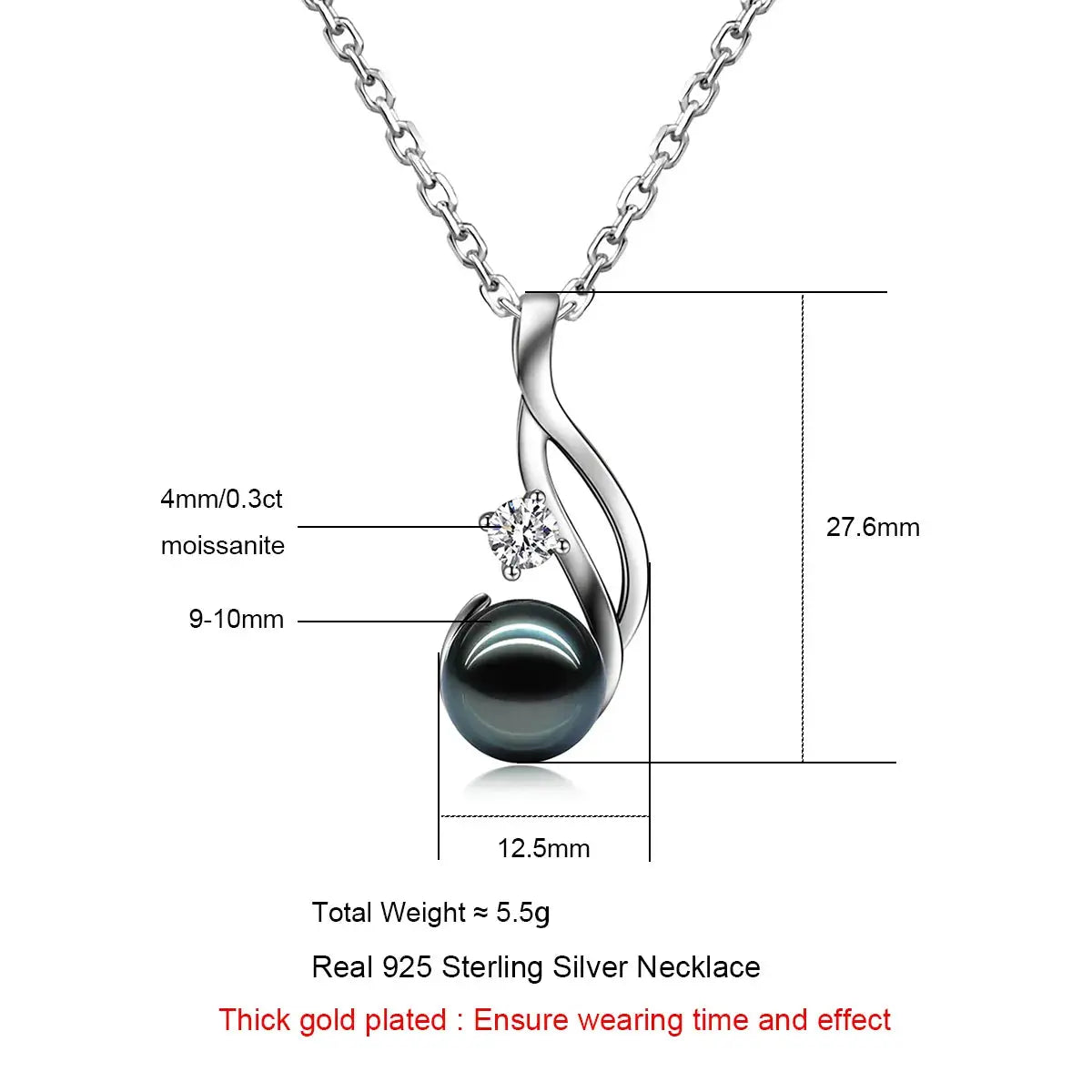 18K WHITE GOLD PLATED SILVER 9-10MM TAHITIAN BLACK PEARL AND 0.3CT MOISSANITE PENDANT NECKLACE Moissanite Engagement Rings & Jewelry | Luxus Moissanite