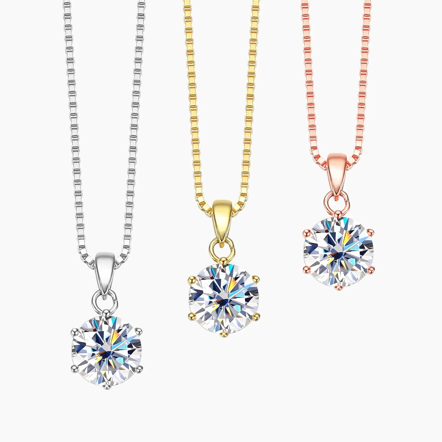 18K WHITE, YELLOW, ROSE GOLD PLATED SILVER MOISSANITE PENDANT NECKLACE 1CT, SINGLE BAIL LINK, BOX CHAIN Moissanite Engagement Rings & Jewelry | Luxus Moissanite |  BOX CHAIN