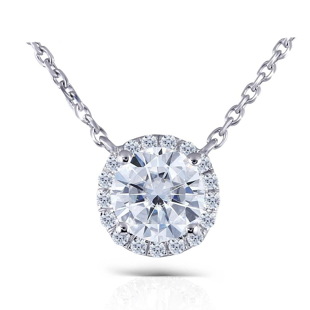 18k White Gold Halo Moissanite Necklace / Pendant 1ct Center Stone Moissanite Engagement Rings & Jewelry | Luxus Moissanite